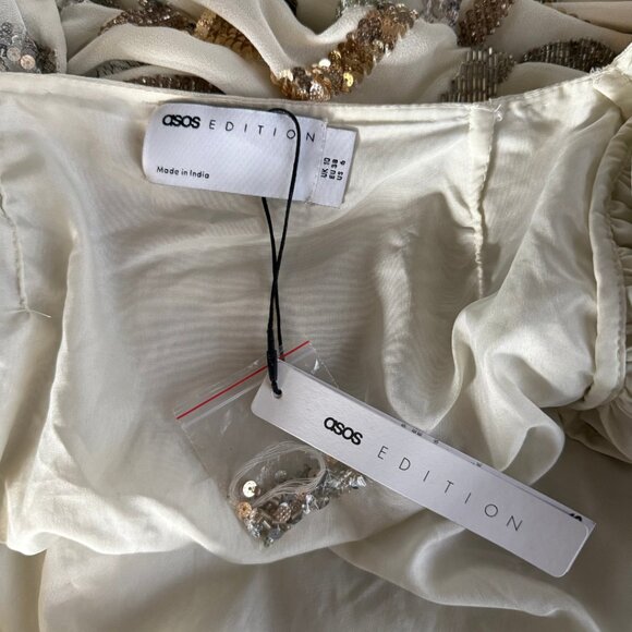 ASOS White, Gold, Silver Long Sleeve Sequin Zebra Print Wrap Midi Dress Size 6 - Picture 12 of 16